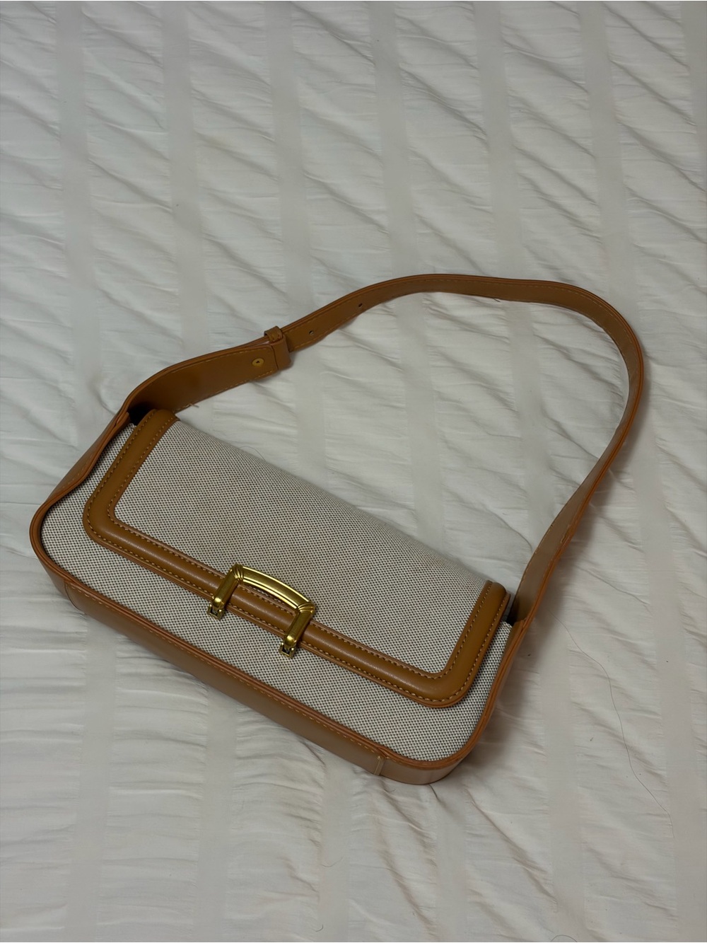 Canvas and Tan Leather Shoulder Bag with Gold Hardware